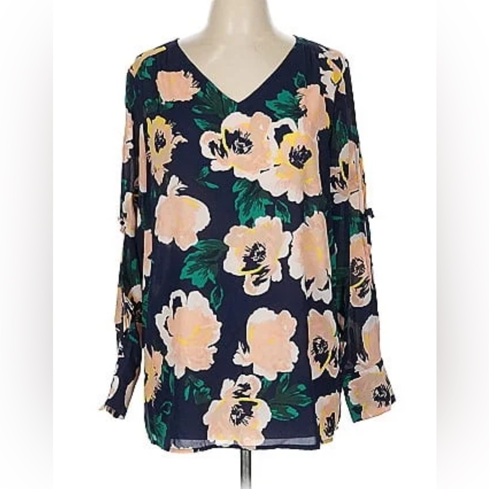 Banana Republic Floral V-Neck w/ Long Slit Split Sleeve Blouse Sz Med